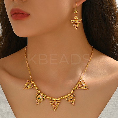 Vintage Brass Micro Pave Cubic Zirconia Triangle Pendant Necklace & Dangle Earring Set for Women SS2880-1
