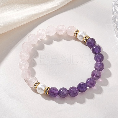 Natural Rose Quartz & Amethyst Beads Stretch Bracelets for Women BJEW-JB13193-01-1