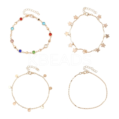 Alloy Colorful Rhinestone Chain Disc Butterfly Tassel 4 Layered Anklets for Women AJEW-A069-01B-G-1