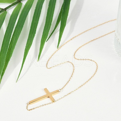 Ion Plating(IP) 304 Stainless Steel Religion Cross Pendant Cable Chain Necklaces for Women NJEW-P320-07G-1