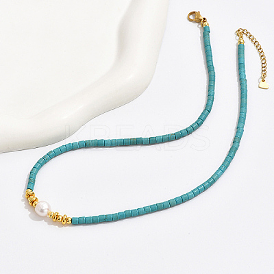 Synthetic Turquoise Column & Natural Pearl Beaded Necklace DK7962-1-1