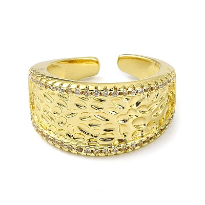 Textured Brass with Cubic Zirconia Open Cuff Ring RJEW-B051-16G-1