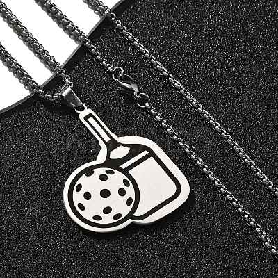 201 Stainless Steel Pickleball Paddle Pendant Box Chain Necklaces for Women Men NJEW-H050-02P-1