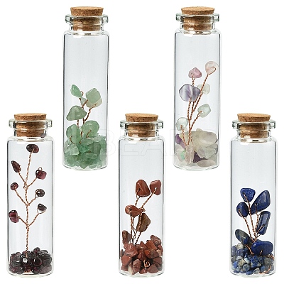 5Pcs 5 Styles Gemstone Chips Bonsai Tree in Column Glass Wish Bottles AJEW-YW0001-58-1