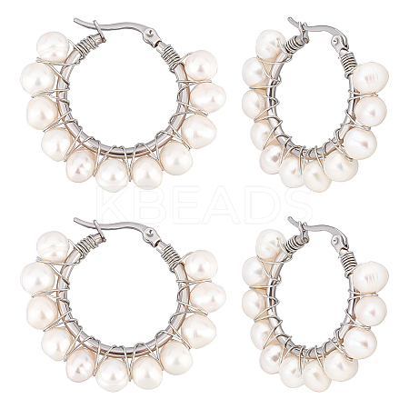 4 Pairs Natural Pearl Braided Hoop Earrings EJEW-UN0002-10-1