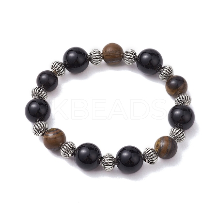12mm Round Natural Black Onyx(Dyed & Heated) & 10mm Round Natural Tiger Eye & Alloy Beaded Stretch Bracelets for Women BJEW-JB10559-1