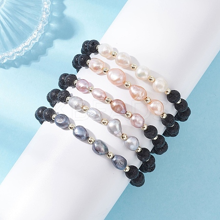 Natural Lava Rock & Cultured Freshwater Pearl Beads Stretch Bracelets for Women BJEW-JB12868-1