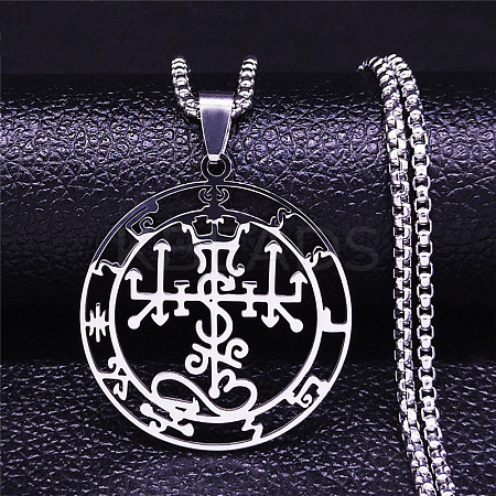 201 Stainless Steel Flat Round Sigil Pendant Necklaces LS-NJEW-H065-19P-1