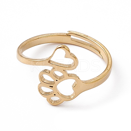 Ion Plating(IP) 201 Stainless Steel Heart & Dog Paw Prints Adjustable Ring for Women RJEW-K238-09G-1