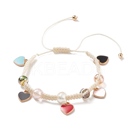 Round Glass Braided Bead Bracelet with Alloy Enamel Heart Charm for Women BJEW-JB08233-02-1