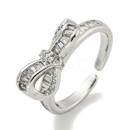 Bowknot Brass Micro Pave Cubic Zirconia Open Cuff Ring for Women RJEW-E296-03P-1