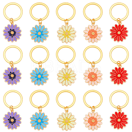 15Pcs 5 Colors Alloy Enamel Flower Keychain KEYC-NB00014-1