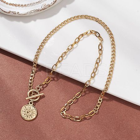 201 Stainless Steel Sun Pendant 304 Stainless Steel Cable Chain OT Necklaces for Women NJEW-JN05583-1