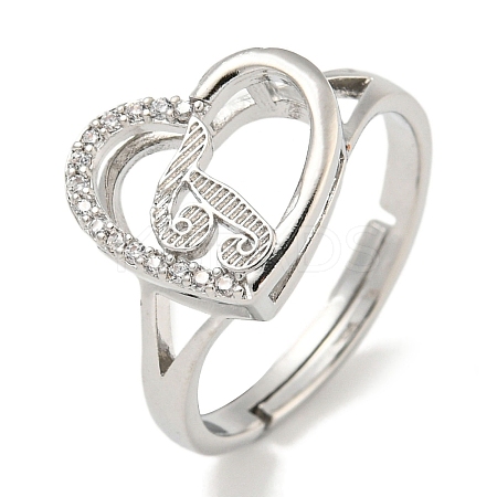 Heart with Letter Rack Plating Brass Micro Pave Cubic Zirconia Adjustable Rings for Women RJEW-I105-06P-J-1