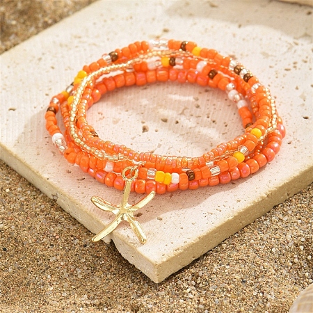 Multilayer Glass Seed Beads Starfish Pendant Anklet for Women PW-WG7288D-03-1