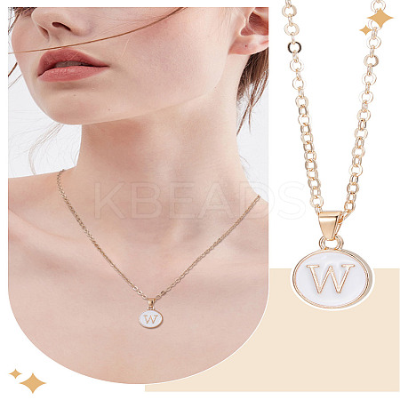 1Pc Zinc Alloy White Enamel Round with Letter Pendant Necklaces NJEW-LP0002-88G-W-1