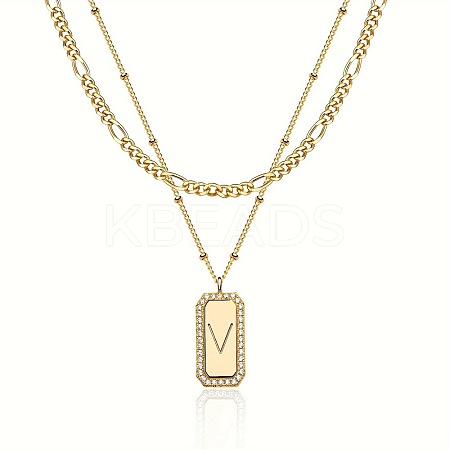 Brass Micro Pave Clear Cubic Zirconia Rectangle with Initial Pendant Double Layer Necklaces for Women FS-WG478B5-22-1