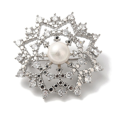 Rack Plating Brass Pave Clear Cubic Zirconia Flower Brooches KK-S391-04P-1