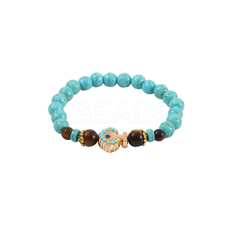 Synthetic Turquoise & Natural Tiger Eye Round Beaded Stretch Bracelets FS-WGB9D7B-06-1