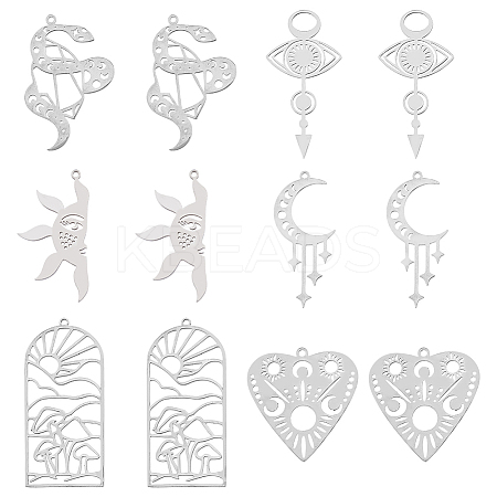 12Pcs 6 Styles Divination Theme 201 Stainless Steel Pendants STAS-DC0012-70-1