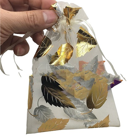 Gold Stamping Leaf Organza Printed Gift Bags with Drawstring LS-PW-WGCD8B4-02-1