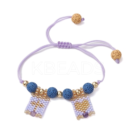 Natural Lava Rock & Natural Amethyst & Glass Seed Beaded Braided Bracelets BJEW-MZ00063-03-1
