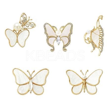 5Pcs 5 Styles Butterfly Alloy Rhinestone Brooches JEWB-CJ0001-33-1