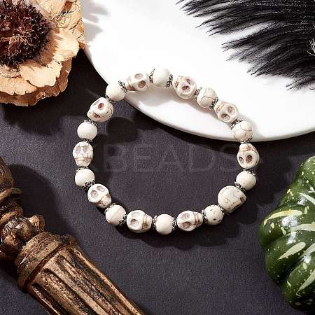 Halloween Dyed Synthetic Turquoise Skull & Round Beaded Stretch Bracelets for Men Women BJEW-JB12255-01-1