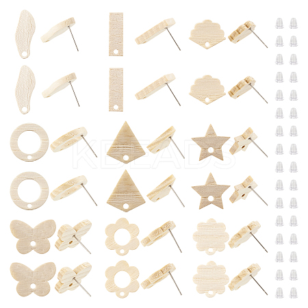 36Pcs 9 Styles Rectangle & Flower & Butterfly & Star Ash Wood Stud Earring Findings EJEW-TA0001-19-1