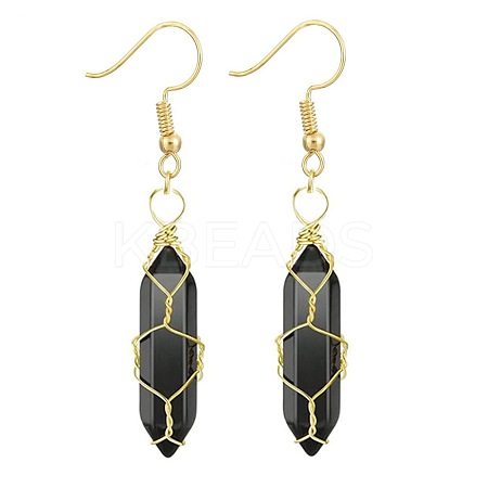 Obsidian Hexagon Handmade Copper Wire Wrapped Earrings Natural Stone Column Earrings ND6138-6-1