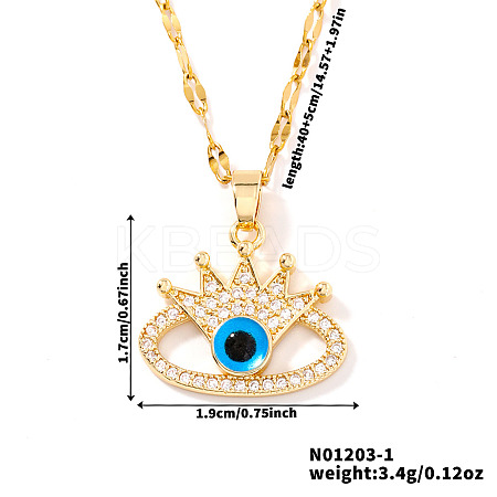 Fashionable Hip-hop Style Brass Full Crystal Rhinestone Crown Blue Evil Eye Pendant Dapped Chain Necklaces for Women MF0686-1-1