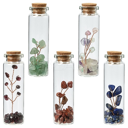 5Pcs 5 Styles Gemstone Chips Bonsai Tree in Column Glass Wish Bottles AJEW-YW0001-58-1