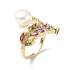Colorful Cubic Zirconia Wheat with Natural Pearl Open Cuff Ring RJEW-F134-04G-1