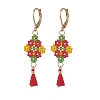 Glass Seed Braided Rhombus with Cotton Tassel Dangle Leverback Earrings EJEW-MZ00042-1
