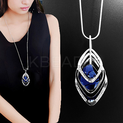 Alloy Crystal Rhinestone and Dodger Blue Glass Pendant Long Necklaces FS-WG47C14-05-1