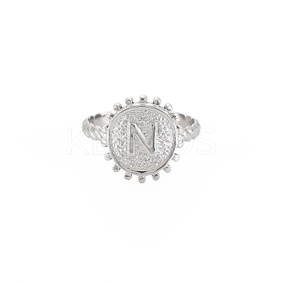 Non-Tarnish 304 Stainless Steel Flat Round with Initial Letter Open Cuff Ring for Men Women RJEW-S405-246P-N-1