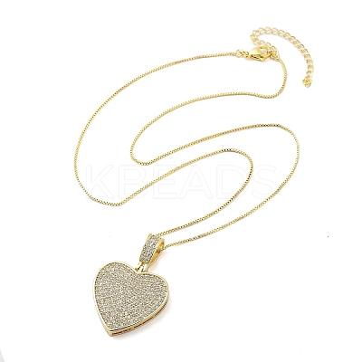 Brass Micro Pave Clear Cubic Zirconia Box Chain Heart Pendant Necklaces for Women LS-NJEW-M009-02G-C-1