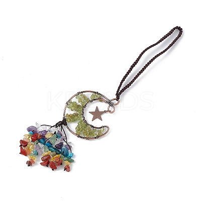 Natural Peridot Moon with Mixed Gemstone Chips Tassel Pendant Decorations G-L524-07R-A09-1