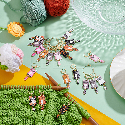 20Pcs 10 Colors Cat Alloy Enamel Pendant Locking Stitch Markers HJEW-WH00158-1