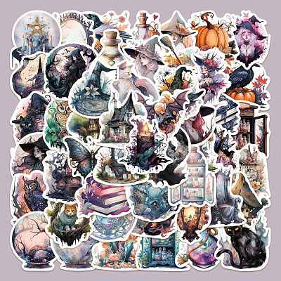 50Pcs Halloween Witch Theme PVC Self-adhesive Cartoon Stickers X-STIC-PW0015-01-1