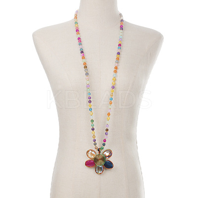 Glass Round Beaded Alloy Flower Pendant Long Necklaces for Women FS-WG02E2E-01-1