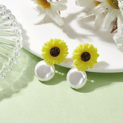 Natural Pearl & Resin Sunflower Stud Earrings EJEW-JE05693-01-1