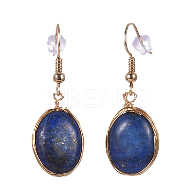 Wire Wrapped Natural Lapis Lazuli Dangle Earrings EJEW-JE04283-03-1