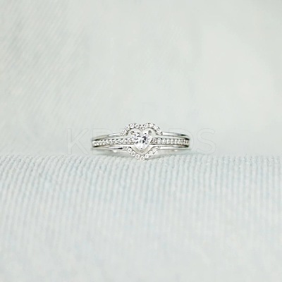2Pcs Heart 925 Sterling Silver Micro Pave Clear Cubic Zirconia Finger Rings for Women FS-WG4005F-01-1