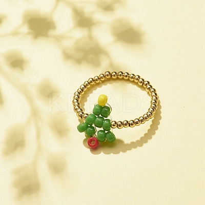 Christmas Tree Glass Seed & Brass Beaded Finger Ring RJEW-TA00038-1