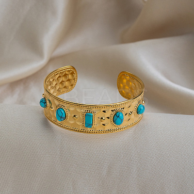 Vintage 304 Stainless Steel Pave Synthetic Turquoise Cuff Bangles for Women FO8532-1