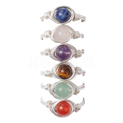 Round Natural Amethyst/Green Aventurine/Carnelian/Rose Quartz/Tiger Eye/Lapis Lazuli Braided Finger Ring RJEW-JR00743-01-1