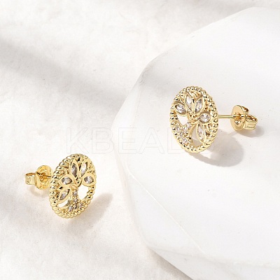 Ring with Tree of Life Pattern Brass Micro Pave Clear Cubic Zirconia Stud Earrings EJEW-G460-02G-1