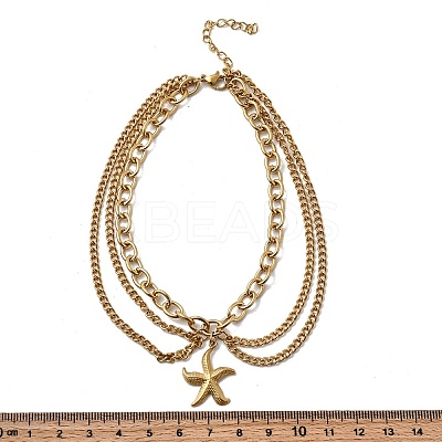 Summer Beach 304 Stainless Steel Starfish Charm 3 Layer Anklets for Women LS-AJEW-F069-01G-1