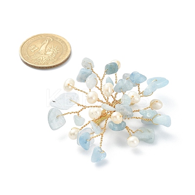 Natural Aquamarine Chips & Pearl Beaded Flower Brooch Pin JEWB-BR00098-04-1